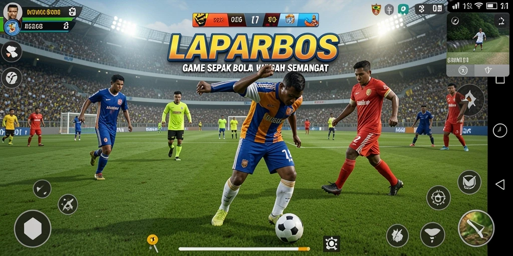 Tangkapan layar utama LAPARBOS menampilkan aksi menegangkan di lapangan sepak bola.